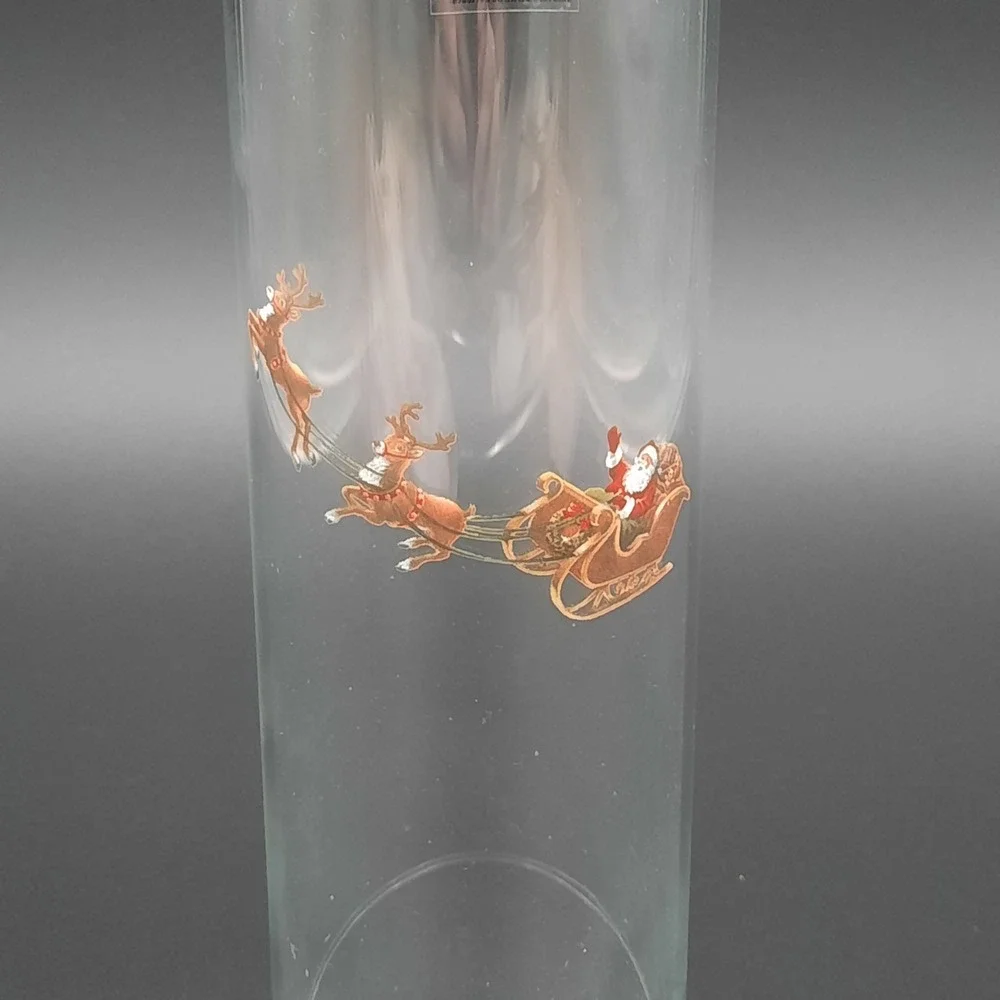 Clear Glass Hurricane Lantern‎ Santa Sleigh Reindeer Christmas Scene 8